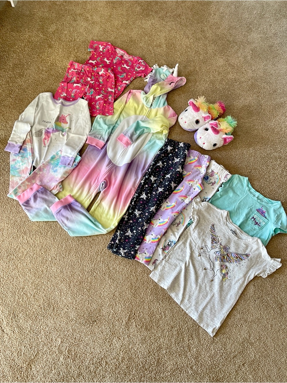 Carter's & OshKosh Rainbow Unicorn Pajamas, Leggings, Tops, Slippers, size 7